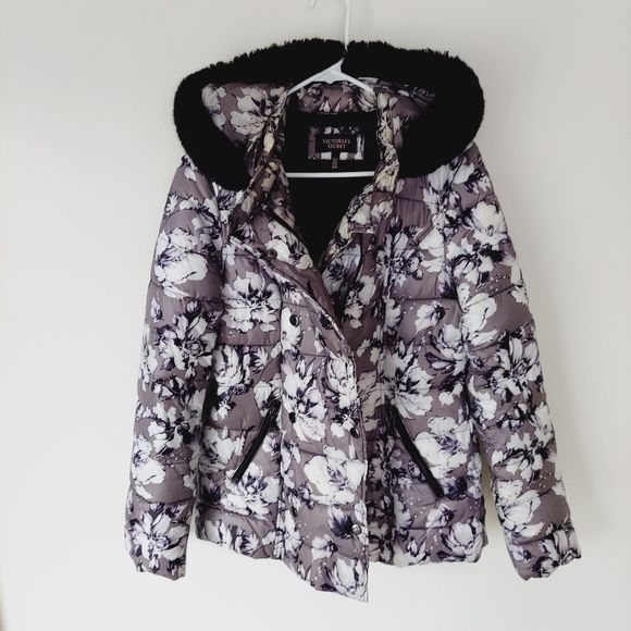 Victoria's Secret Double Breasted Puffer Coat Jacket Hooded Floral Medium - Picture 1 of 7